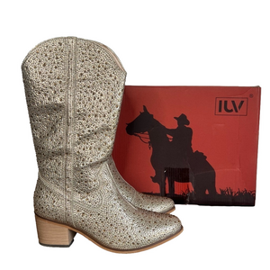 IUV Women’s Gold Rhinestone Western Heeled Boot Size 8 #B1371